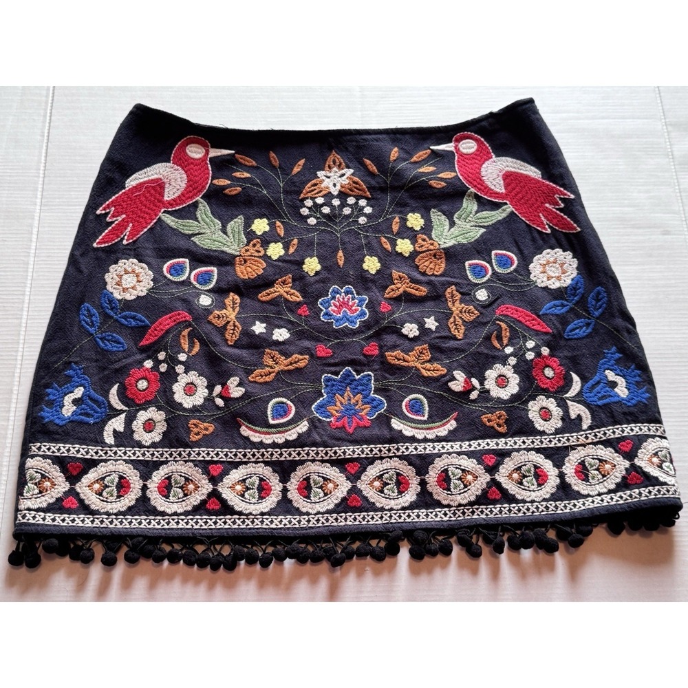 Umgee USA Navy Blue Embroidered Floral Bird Mini Skirt Pom Pom Trim Large
